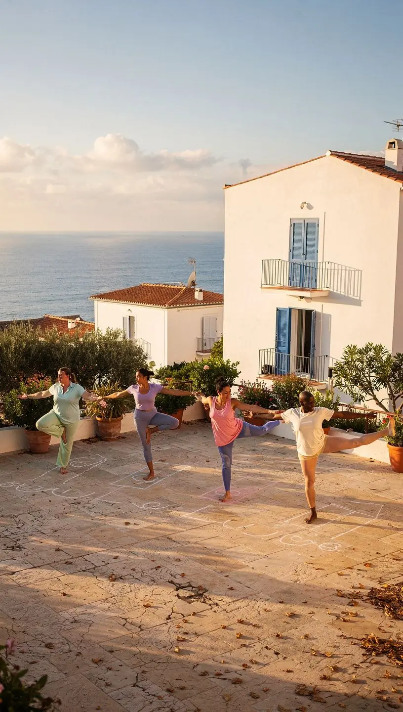 Un instructor guiando una clase de yoga centrada en posturas de pie.