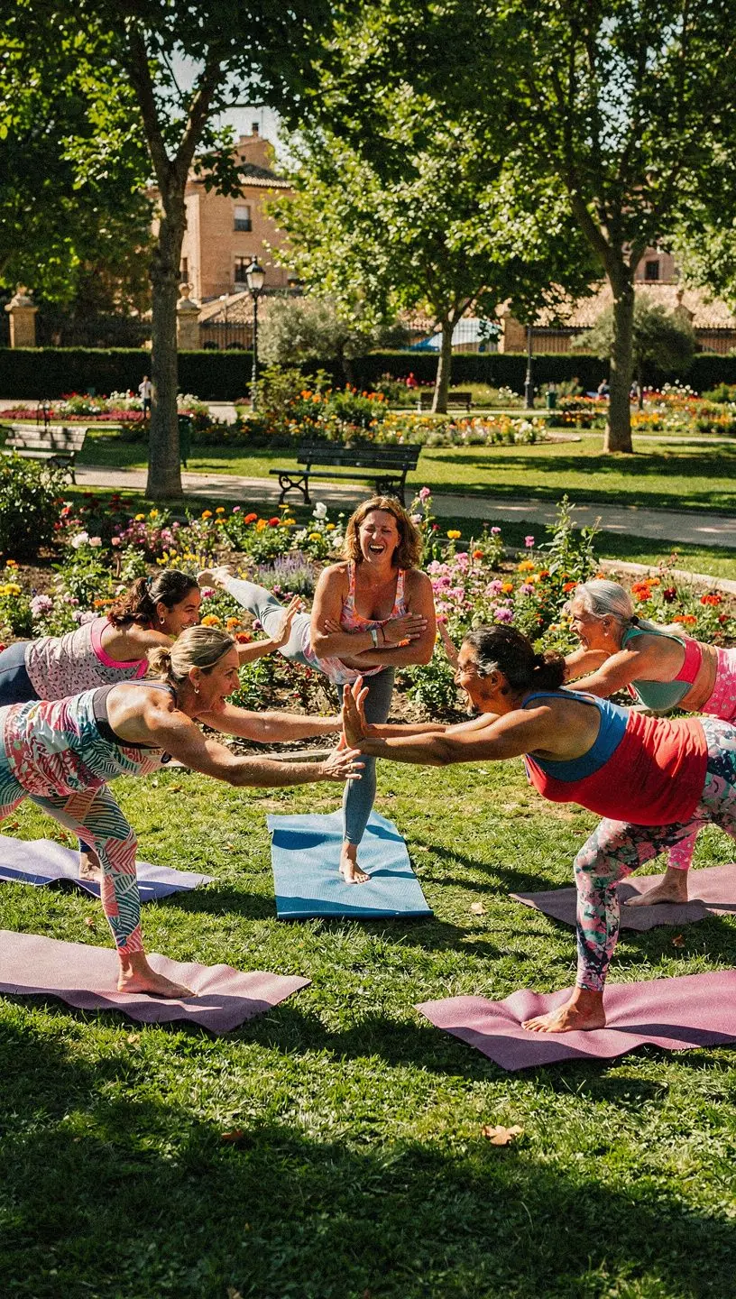 Estudiantes practicando equilibrio en una postura de yoga, concentrados y en armonía.