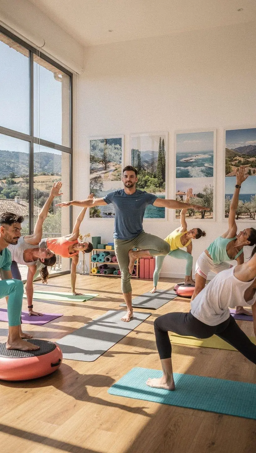 Grupo de practicantes de yoga realizando ejercicios de estabilidad en un entorno natural al aire libre.
