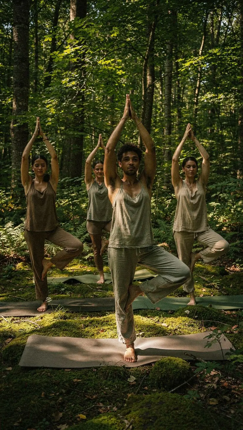 Estudiantes practicando equilibrio en una postura de yoga, concentrados y en armonía.