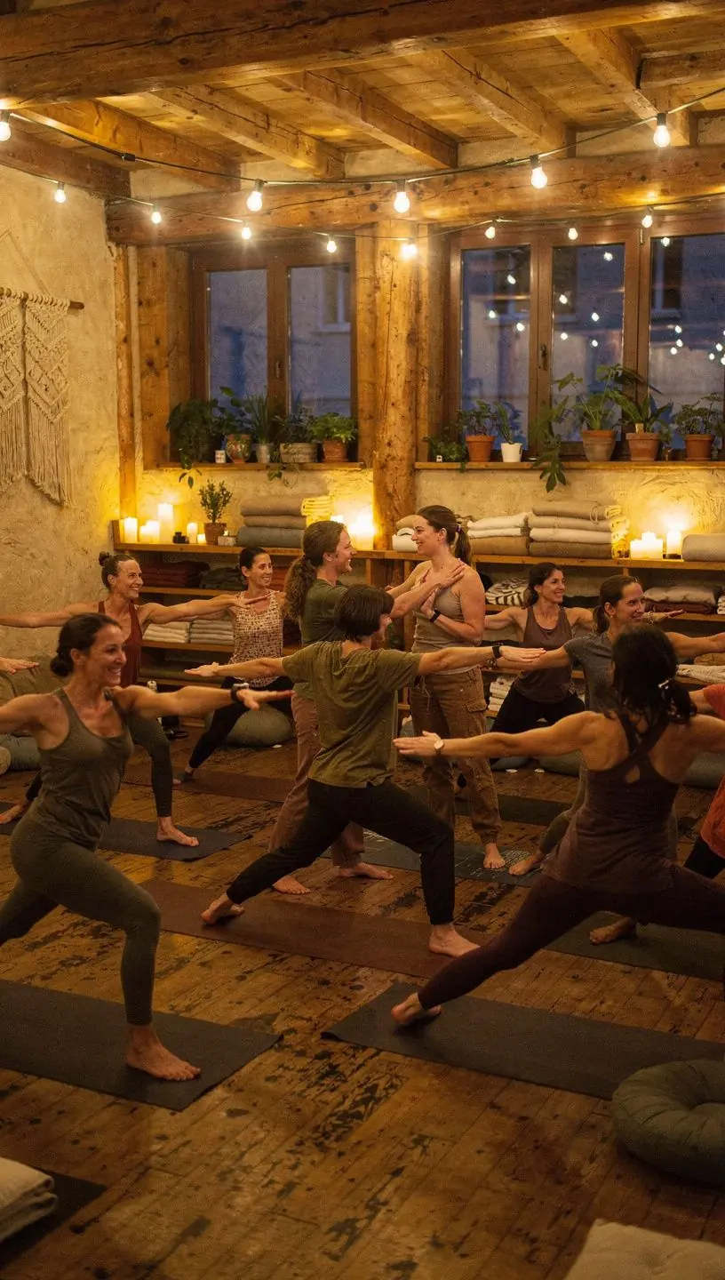 Estudiantes practicando equilibrio en una postura de yoga, concentrados y en armonía.