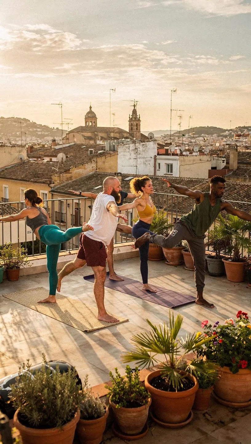Estudiantes practicando equilibrio en una postura de yoga, concentrados y en armonía.