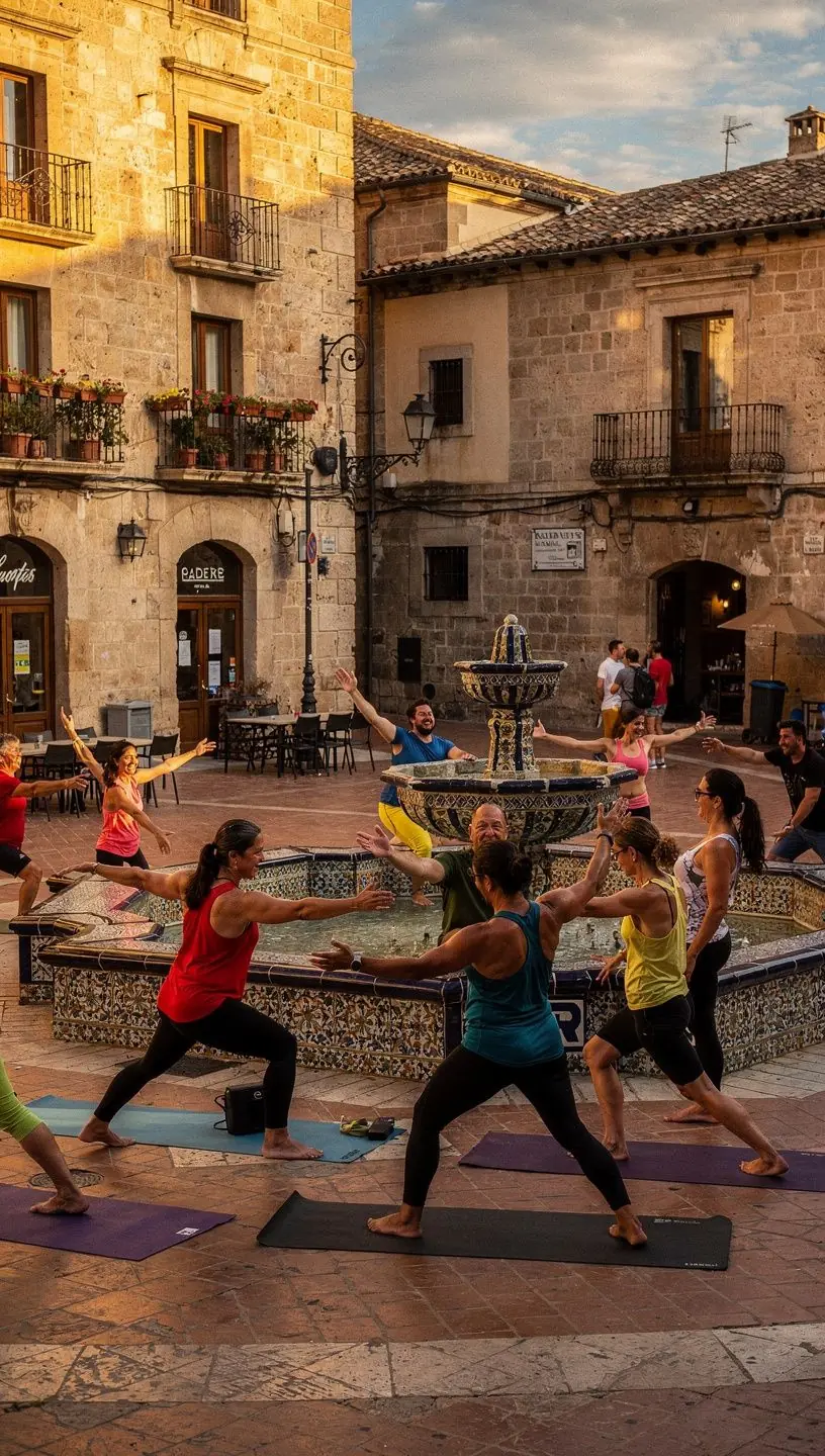 Estudiantes practicando equilibrio en una postura de yoga, concentrados y en armonía.