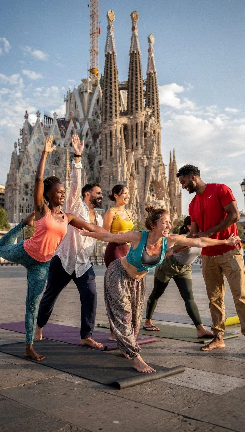 Estudiantes practicando equilibrio en una postura de yoga, concentrados y en armonía.