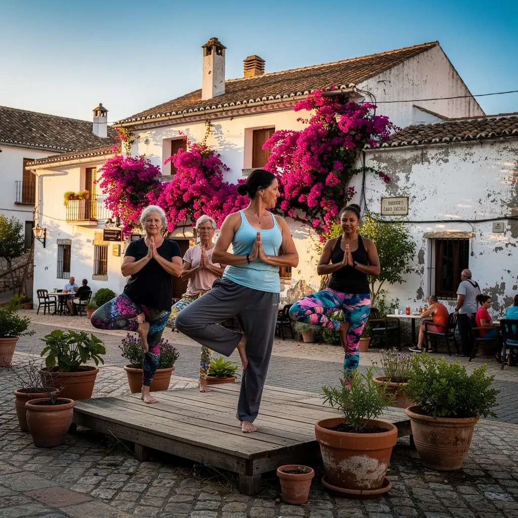 Una instructora de yoga guiando una clase de posturas de pie en un estudio luminoso.