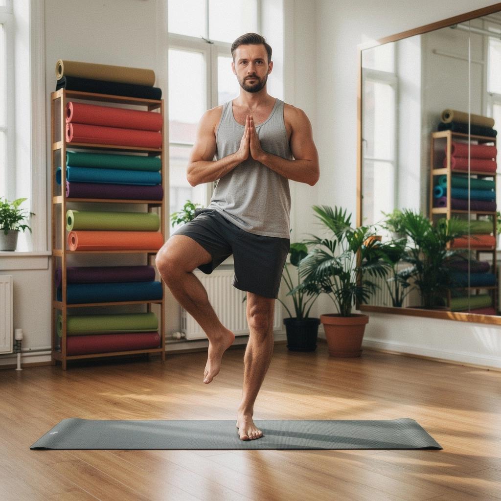 Un hombre ejecutando una postura de yoga que desafía su equilibrio.