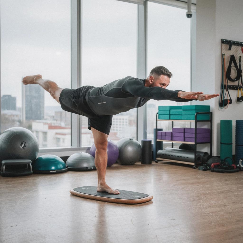 Una clase de yoga al aire libre con participantes en diferentes posturas de equilibrio.